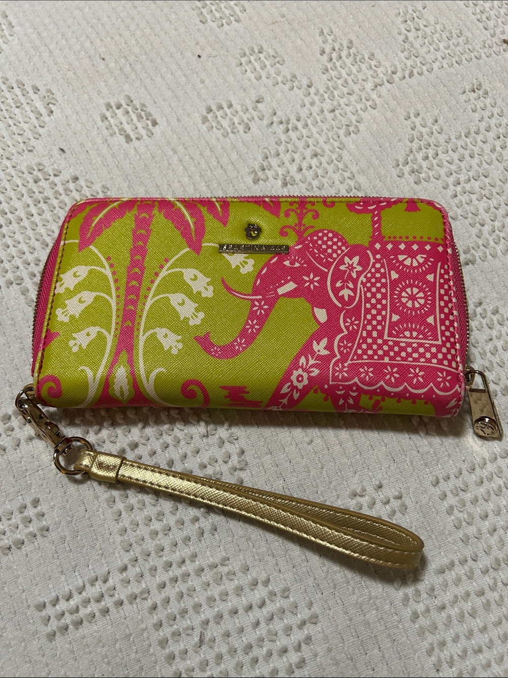 Spartina Tropical Elephant Tote Bag in Pink and Lime with wristlet - Picture 2 of 13